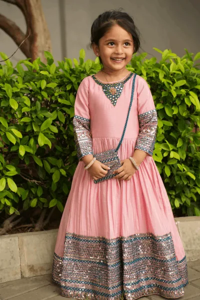 Peach Sequins, Mirror, Stone and Threadwork Long Party Gown